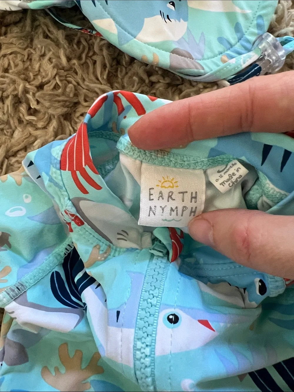 Mint Ocean Print Kids Rashguard Swimsuit with Sun Hat